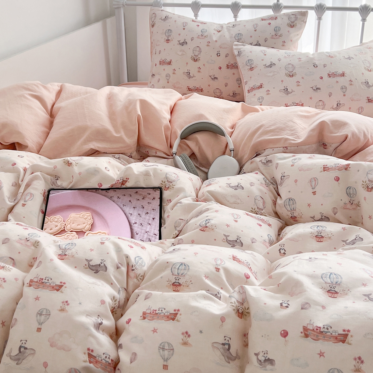 91家纺网 家纺一手货源 找家纺 早晨家纺 2026新款INS博主风卡通A类全棉纯棉双层纱四件套 气球城堡