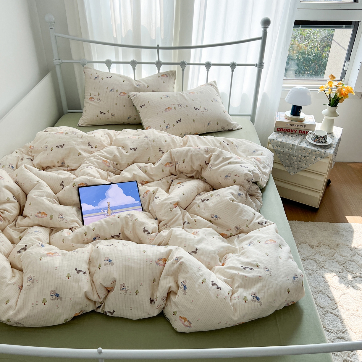 早晨家纺 2026新款INS博主风卡通A类全棉纯棉双层纱四件套 软萌喵趴