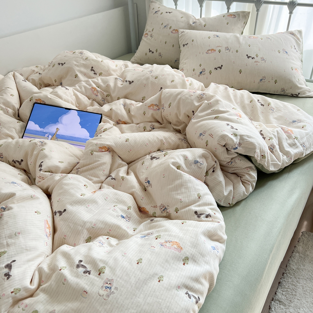 91家纺网 家纺一手货源 找家纺 早晨家纺 2026新款INS博主风卡通A类全棉纯棉双层纱四件套 软萌喵趴