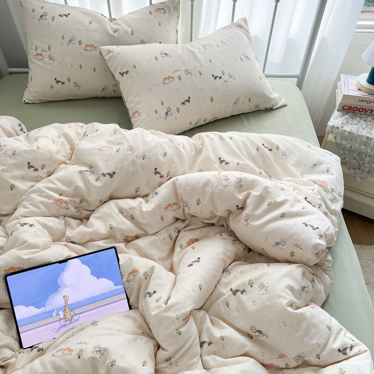 91家纺网 家纺一手货源 找家纺 早晨家纺 2026新款INS博主风卡通A类全棉纯棉双层纱四件套 软萌喵趴