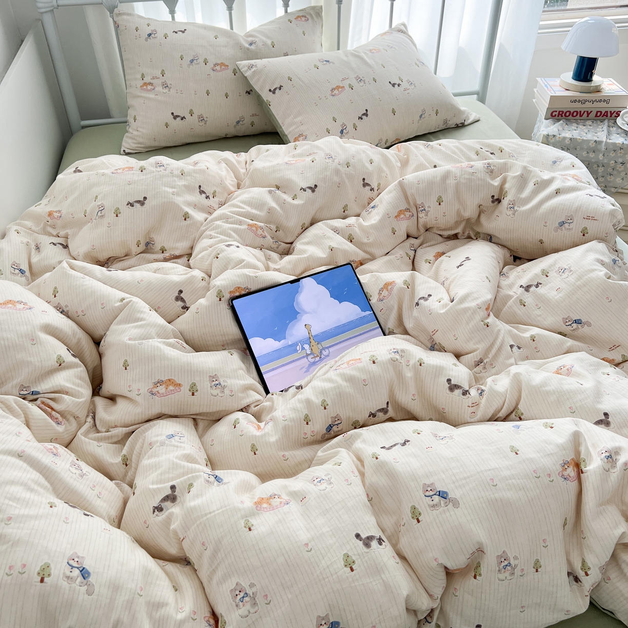 91家纺网 家纺一手货源 找家纺 早晨家纺 2026新款INS博主风卡通A类全棉纯棉双层纱四件套 软萌喵趴