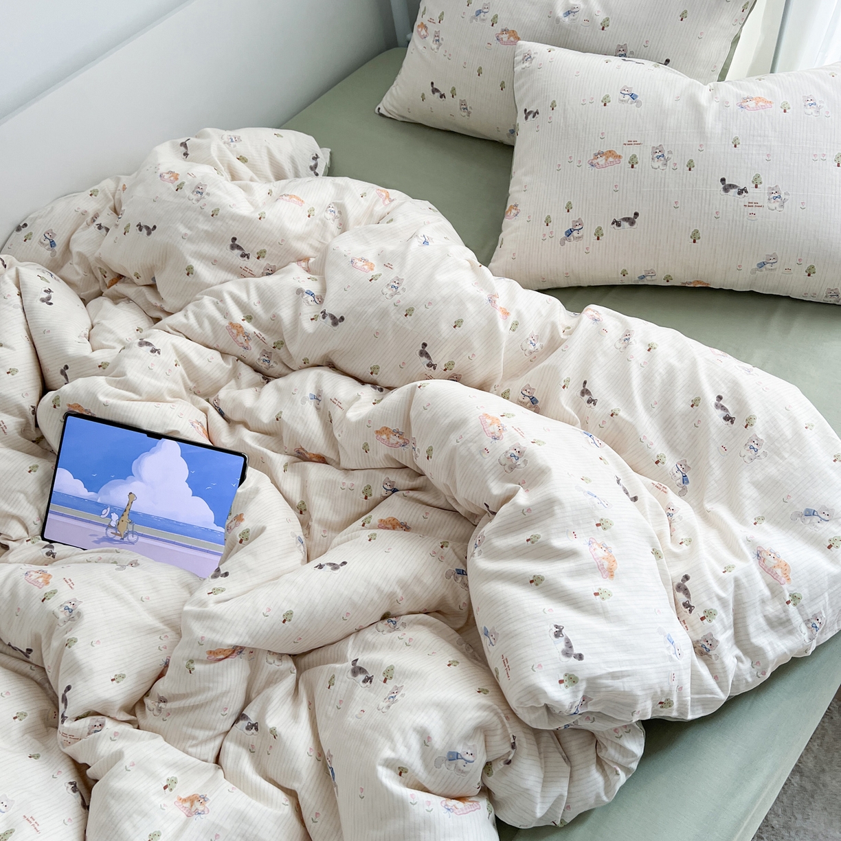 91家纺网 家纺一手货源 找家纺 早晨家纺 2026新款INS博主风卡通A类全棉纯棉双层纱四件套 软萌喵趴