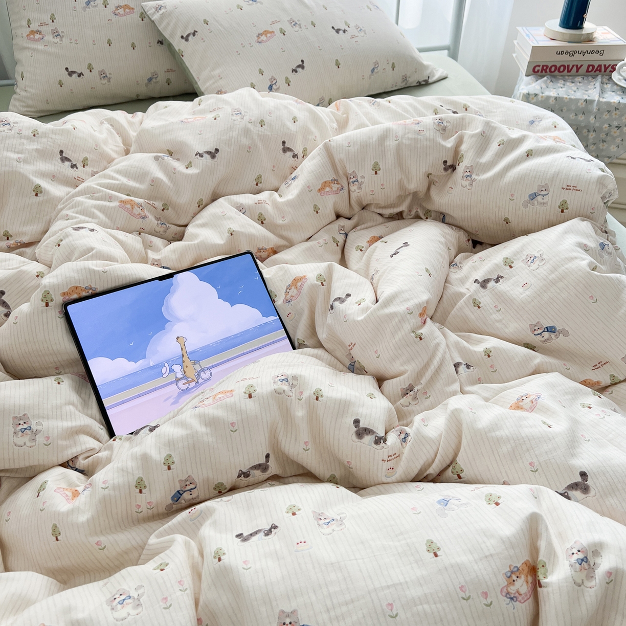 91家纺网 家纺一手货源 找家纺 早晨家纺 2026新款INS博主风卡通A类全棉纯棉双层纱四件套 软萌喵趴