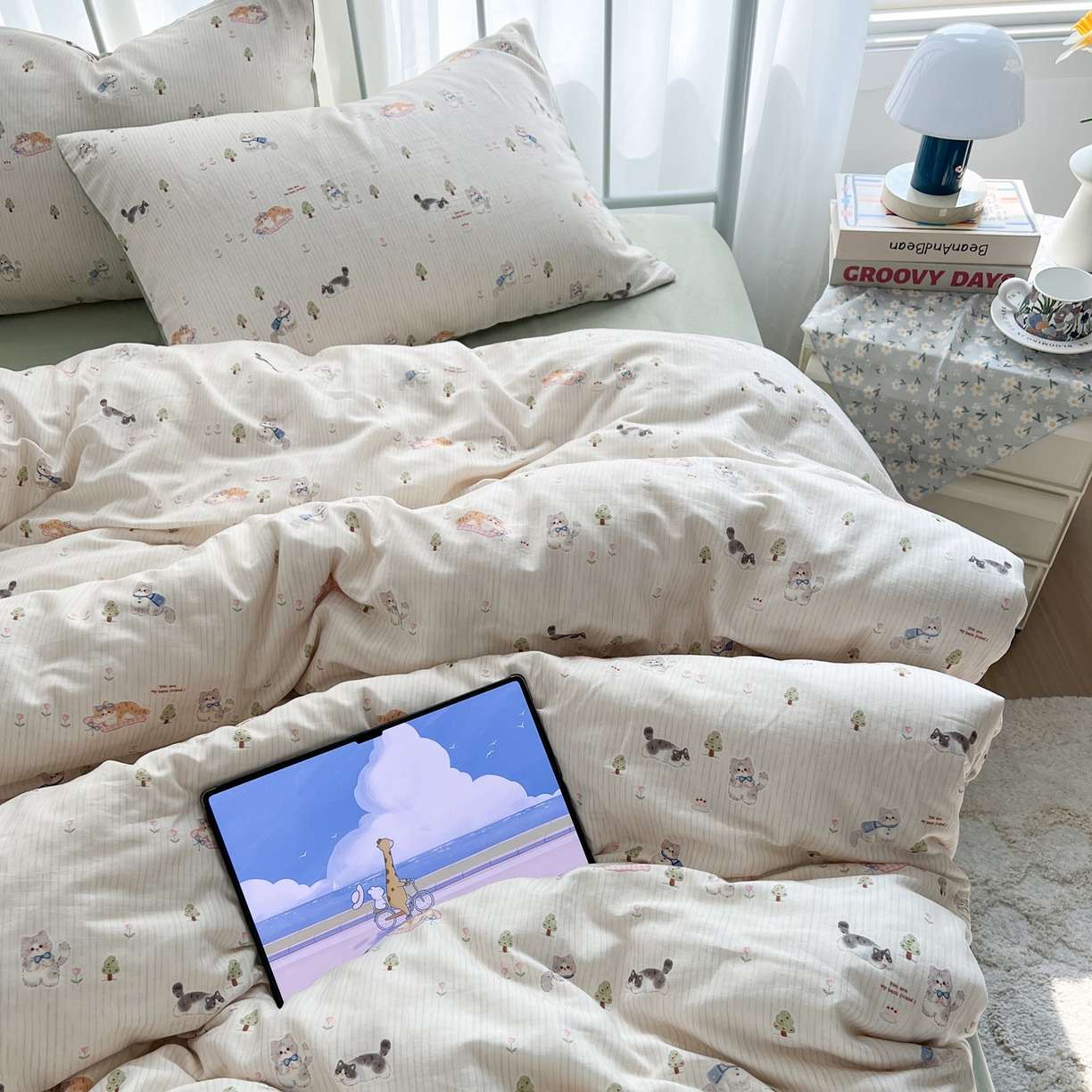 91家纺网 家纺一手货源 找家纺 早晨家纺 2026新款INS博主风卡通A类全棉纯棉双层纱四件套 软萌喵趴