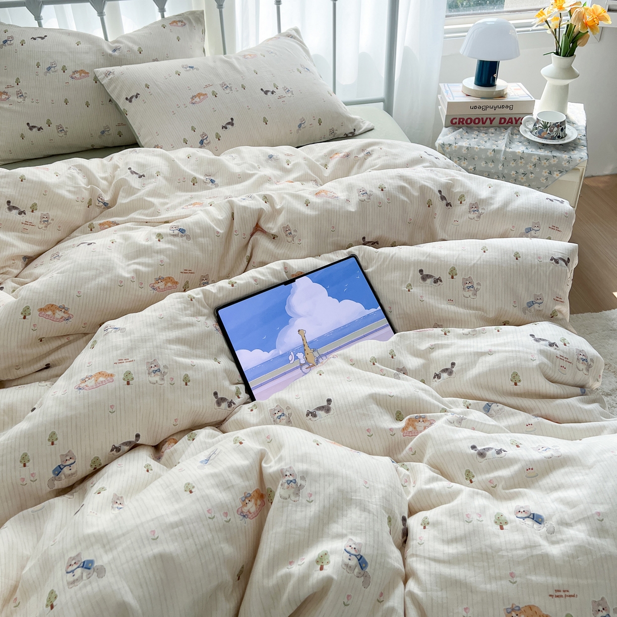 91家纺网 家纺一手货源 找家纺 早晨家纺 2026新款INS博主风卡通A类全棉纯棉双层纱四件套 软萌喵趴