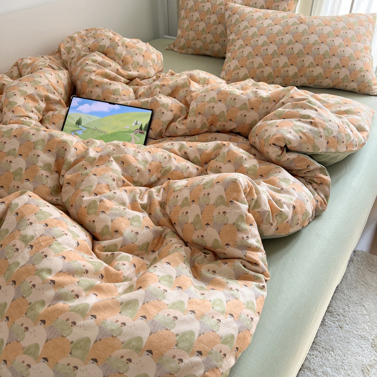 91家纺网 家纺一手货源 找家纺 早晨家纺 2026新款INS博主风卡通A类全棉纯棉双层纱四件套 森林小窝