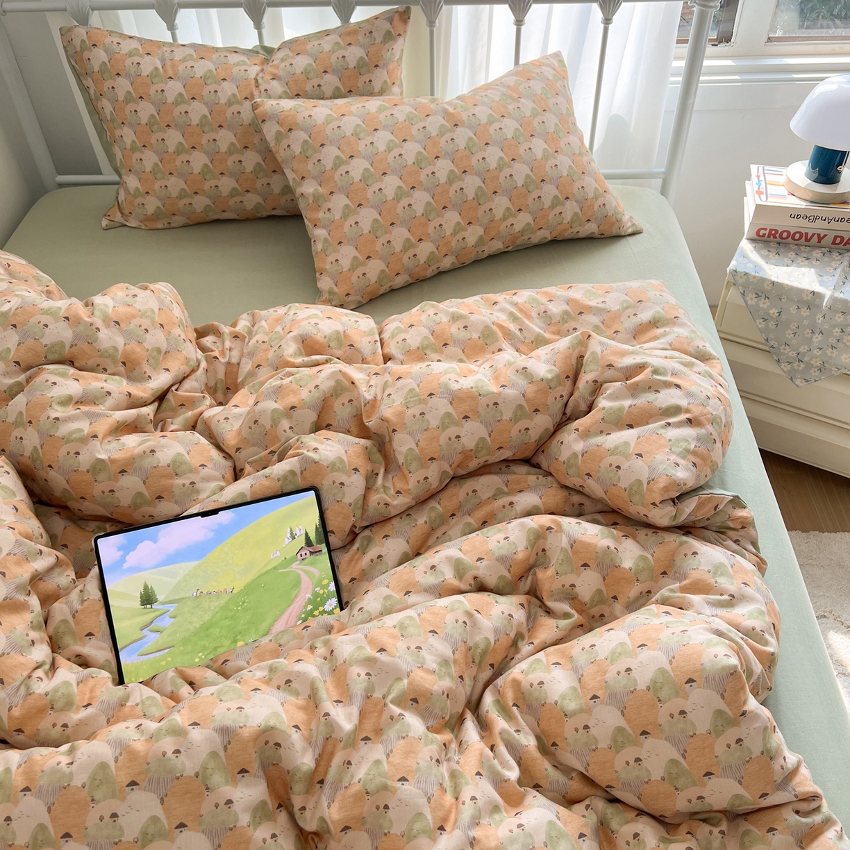 91家纺网 家纺一手货源 找家纺 早晨家纺 2026新款INS博主风卡通A类全棉纯棉双层纱四件套 森林小窝