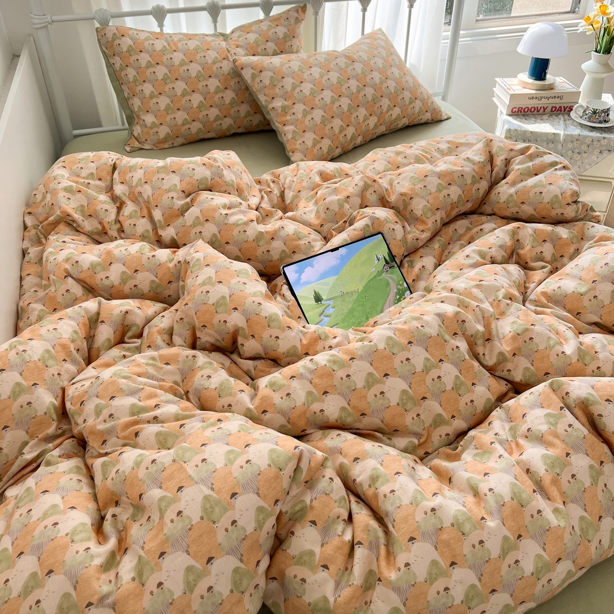 91家纺网 家纺一手货源 找家纺 早晨家纺 2026新款INS博主风卡通A类全棉纯棉双层纱四件套 森林小窝