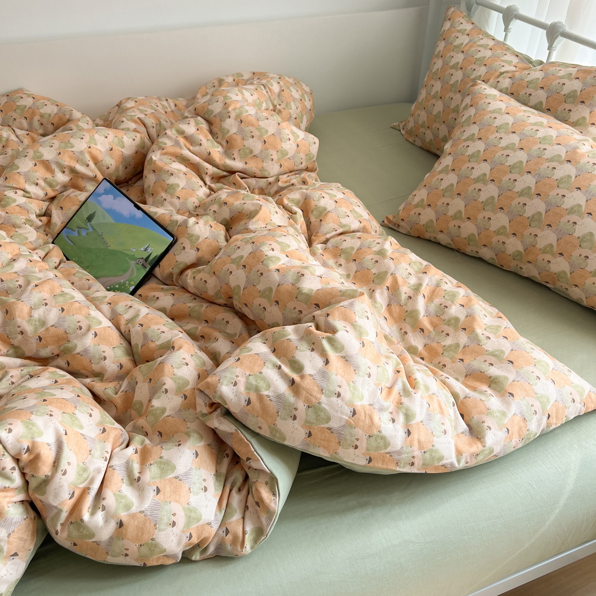 91家纺网 家纺一手货源 找家纺 早晨家纺 2026新款INS博主风卡通A类全棉纯棉双层纱四件套 森林小窝