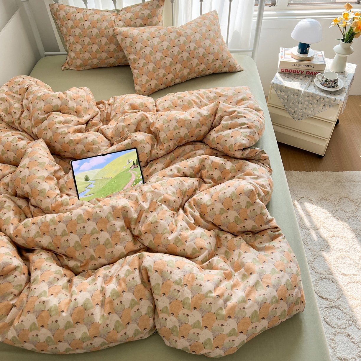 91家纺网 家纺一手货源 找家纺 早晨家纺 2026新款INS博主风卡通A类全棉纯棉双层纱四件套 森林小窝