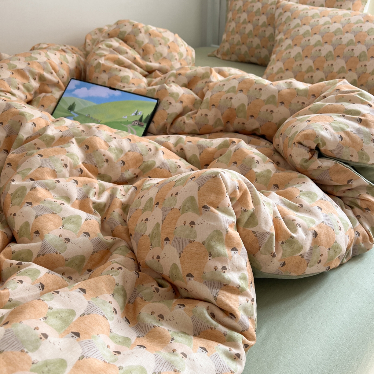 91家纺网 家纺一手货源 找家纺 早晨家纺 2026新款INS博主风卡通A类全棉纯棉双层纱四件套 森林小窝