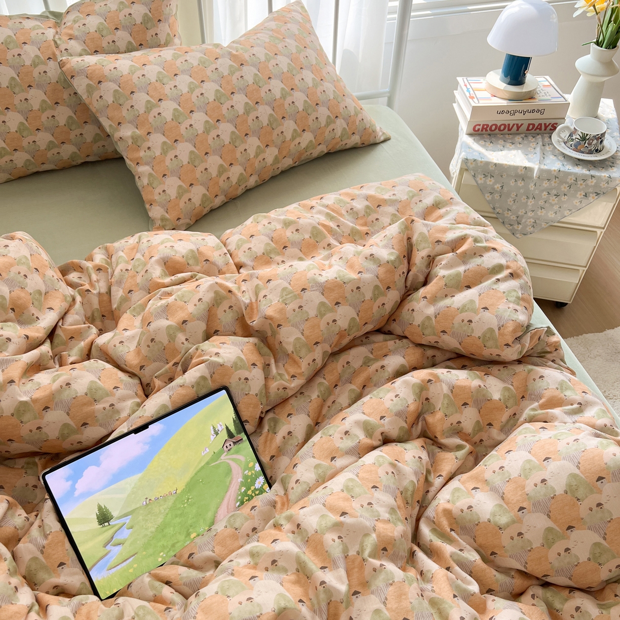 91家纺网 家纺一手货源 找家纺 早晨家纺 2026新款INS博主风卡通A类全棉纯棉双层纱四件套 森林小窝