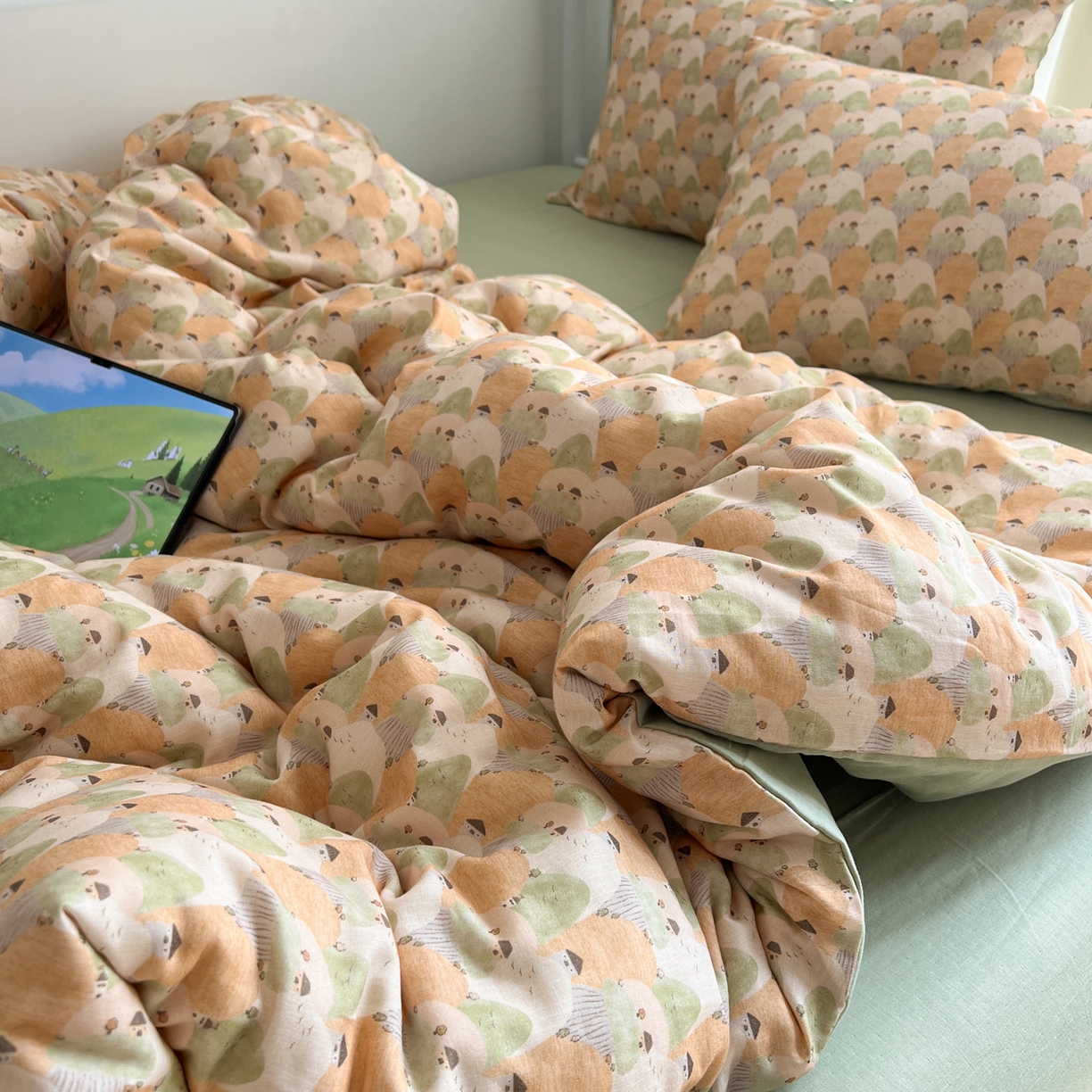 91家纺网 家纺一手货源 找家纺 早晨家纺 2026新款INS博主风卡通A类全棉纯棉双层纱四件套 森林小窝