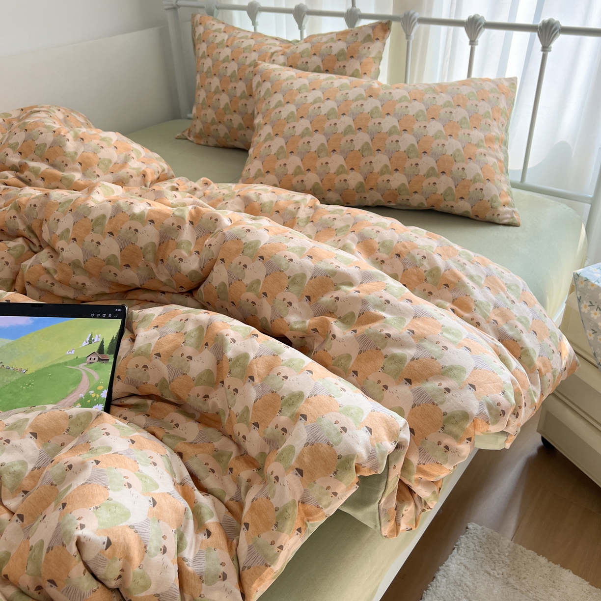 91家纺网 家纺一手货源 找家纺 早晨家纺 2026新款INS博主风卡通A类全棉纯棉双层纱四件套 森林小窝