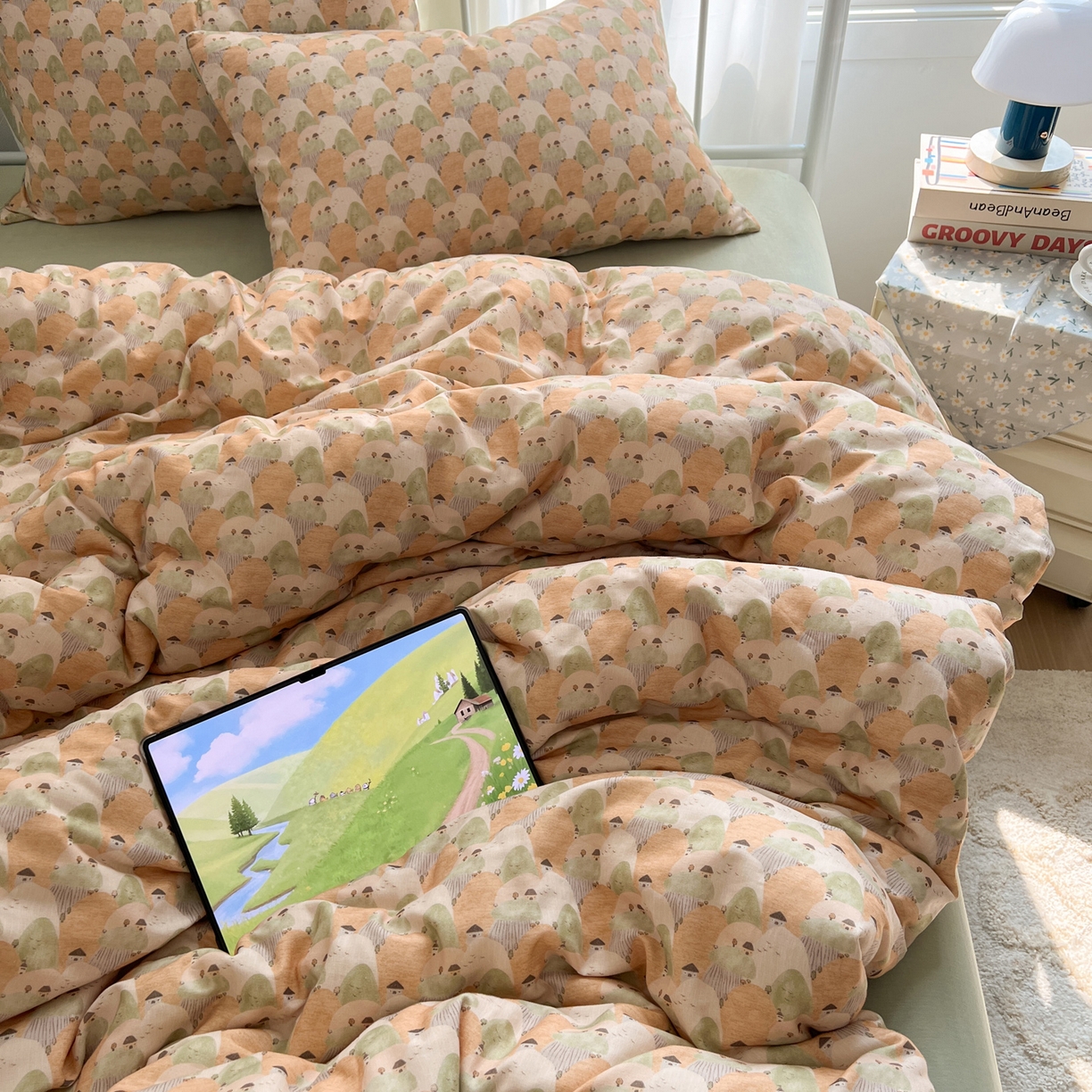 91家纺网 家纺一手货源 找家纺 早晨家纺 2026新款INS博主风卡通A类全棉纯棉双层纱四件套 森林小窝