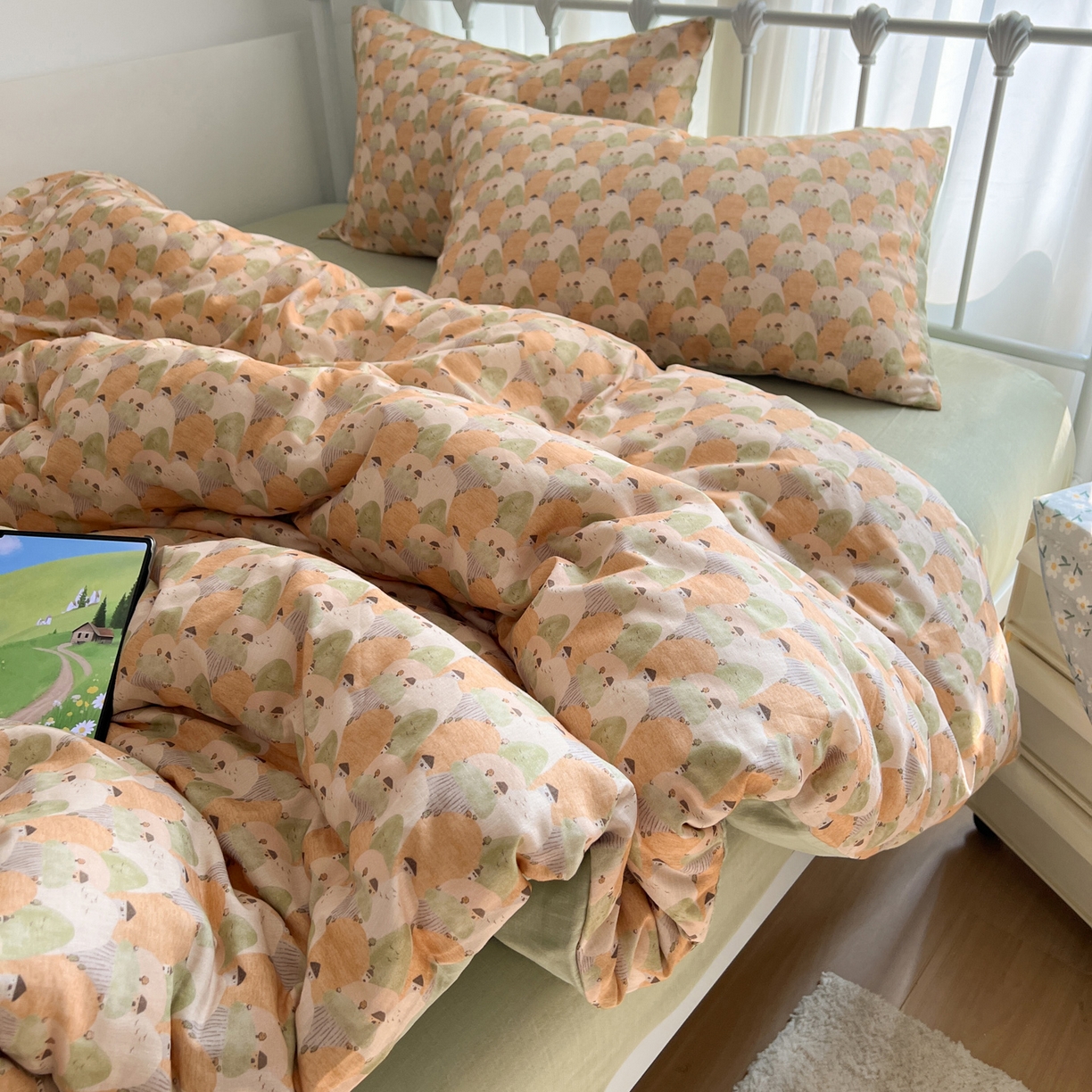 91家纺网 家纺一手货源 找家纺 早晨家纺 2026新款INS博主风卡通A类全棉纯棉双层纱四件套 森林小窝