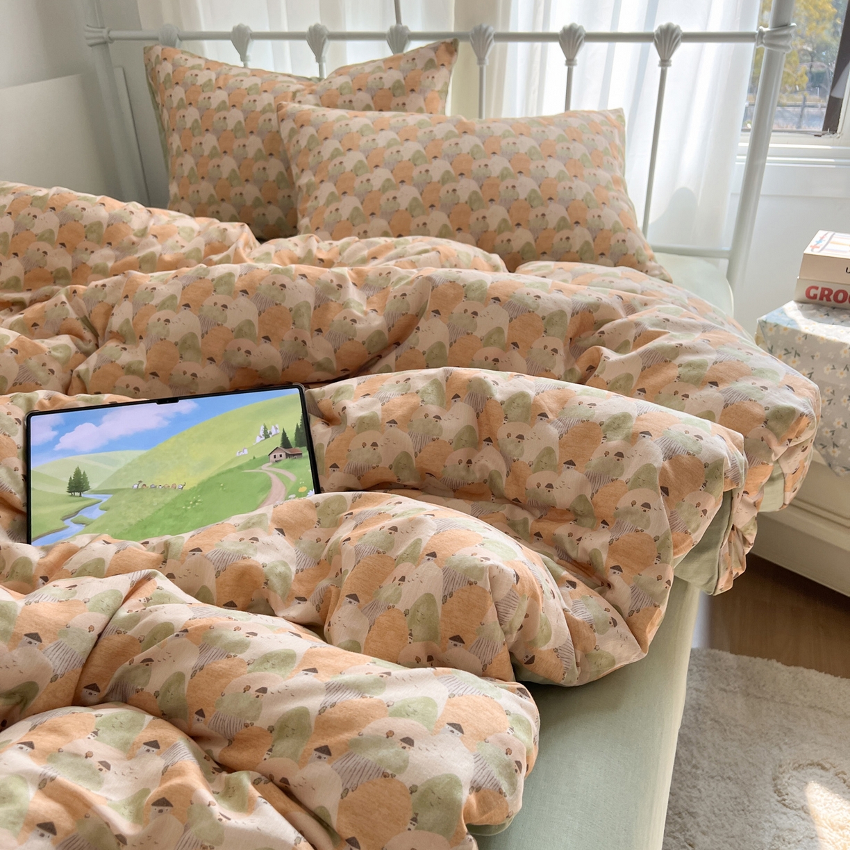 91家纺网 家纺一手货源 找家纺 早晨家纺 2026新款INS博主风卡通A类全棉纯棉双层纱四件套 森林小窝