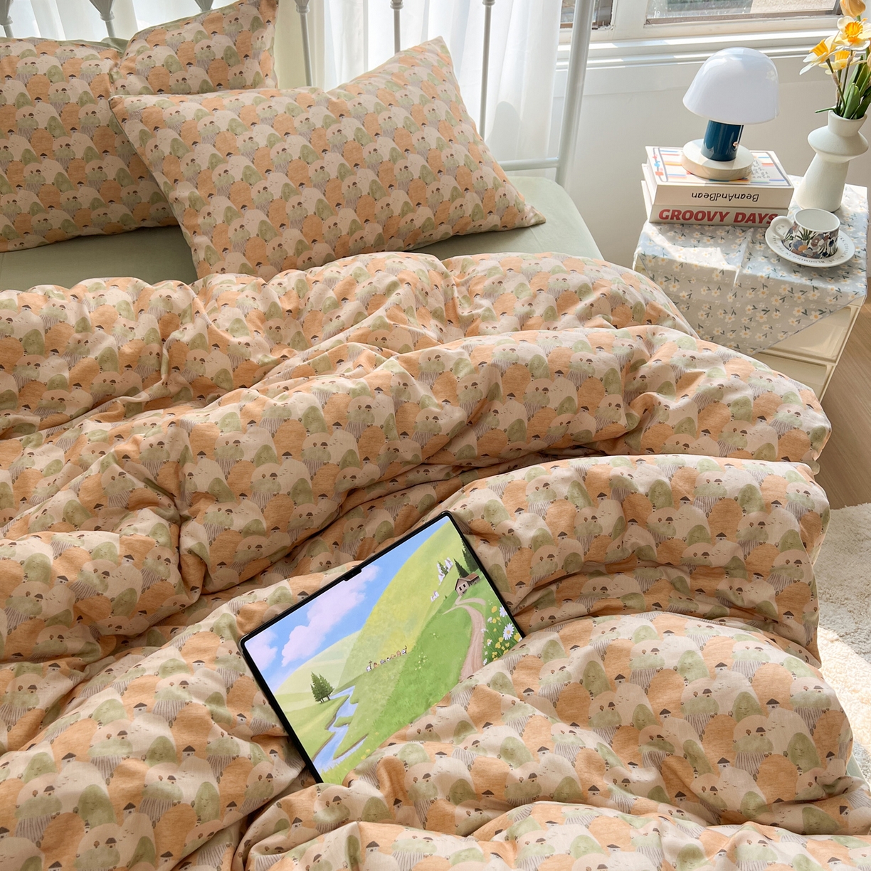 91家纺网 家纺一手货源 找家纺 早晨家纺 2026新款INS博主风卡通A类全棉纯棉双层纱四件套 森林小窝