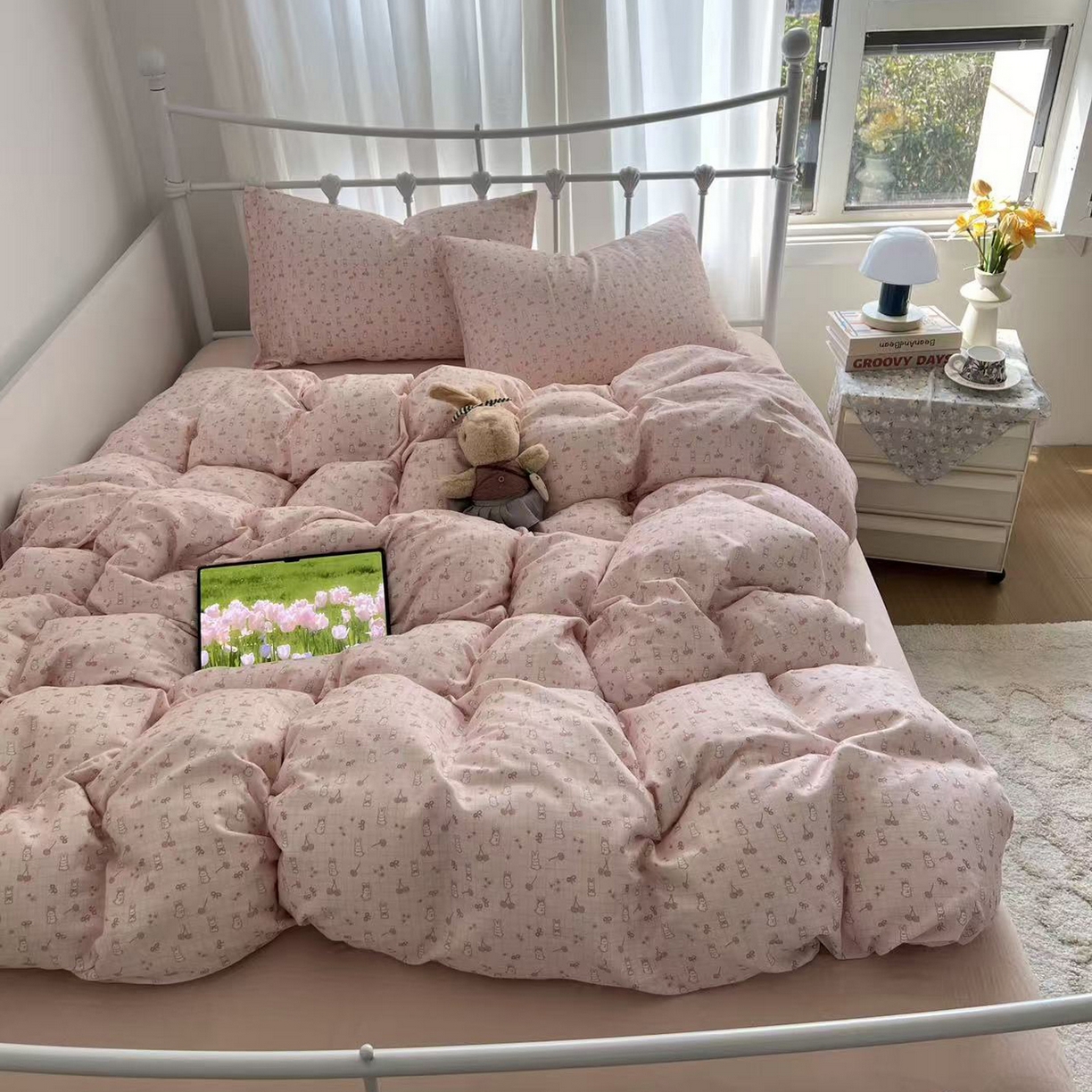 早晨家纺 2026新款INS博主风卡通A类全棉纯棉双层纱四件套 樱桃小兔