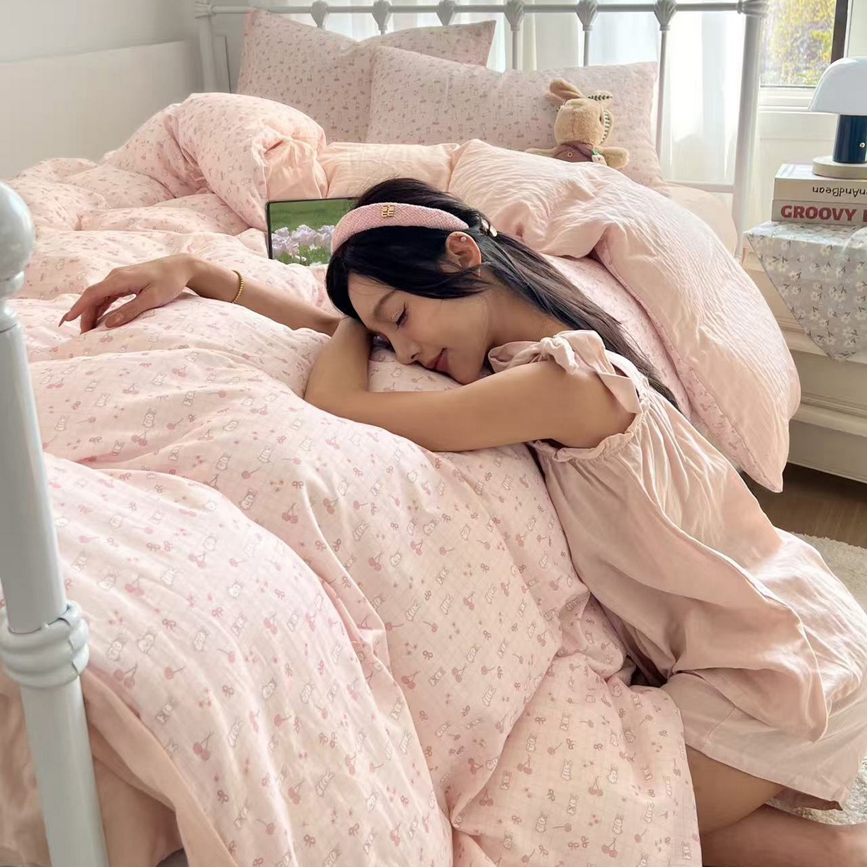 91家纺网 家纺一手货源 找家纺 早晨家纺 2026新款INS博主风卡通A类全棉纯棉双层纱四件套 樱桃小兔