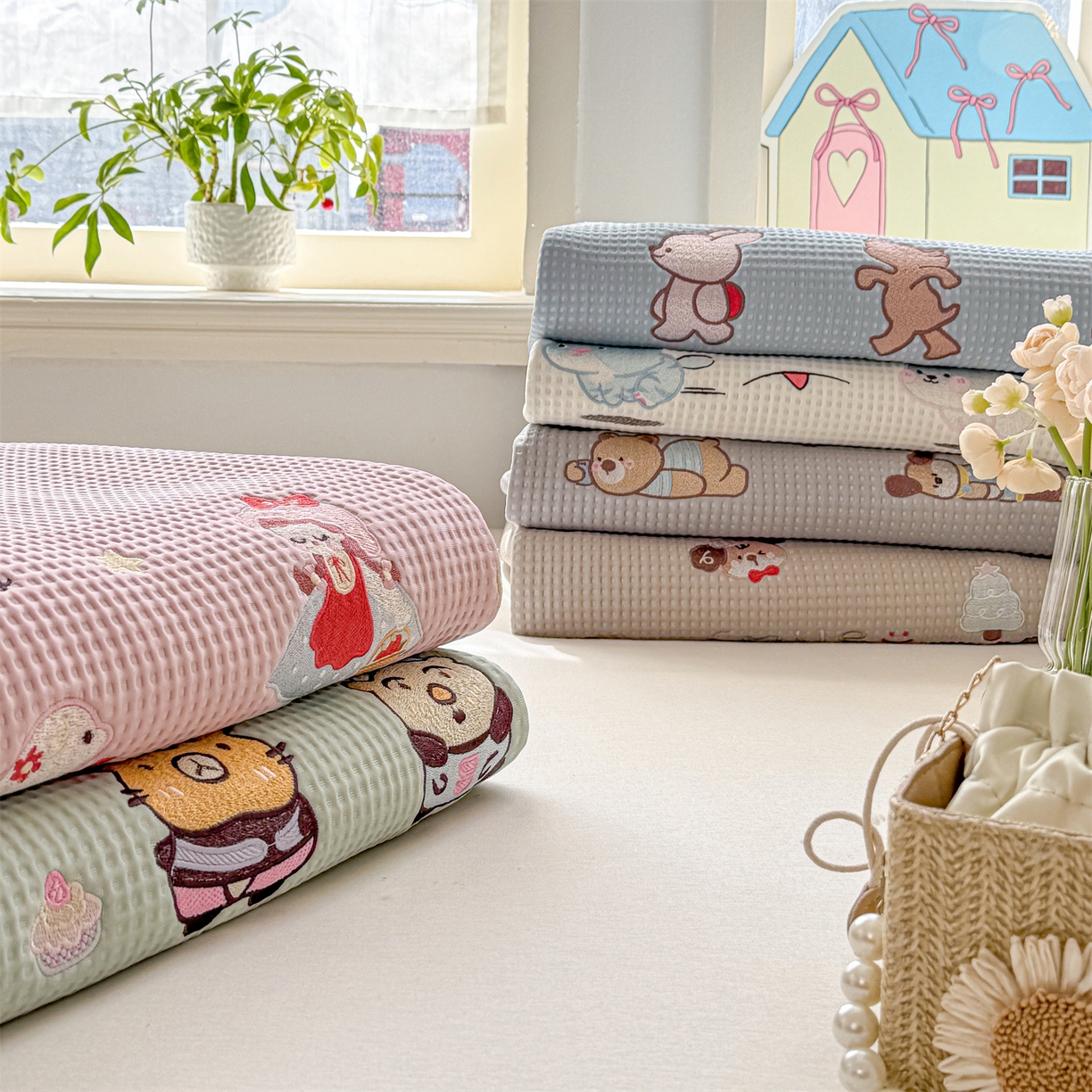 91家纺网 家纺一手货源 找家纺 （总）源舍家纺 2026新款乙纶PE国标凉席华夫格卡通刺绣可机洗凉感值0.23凉席款