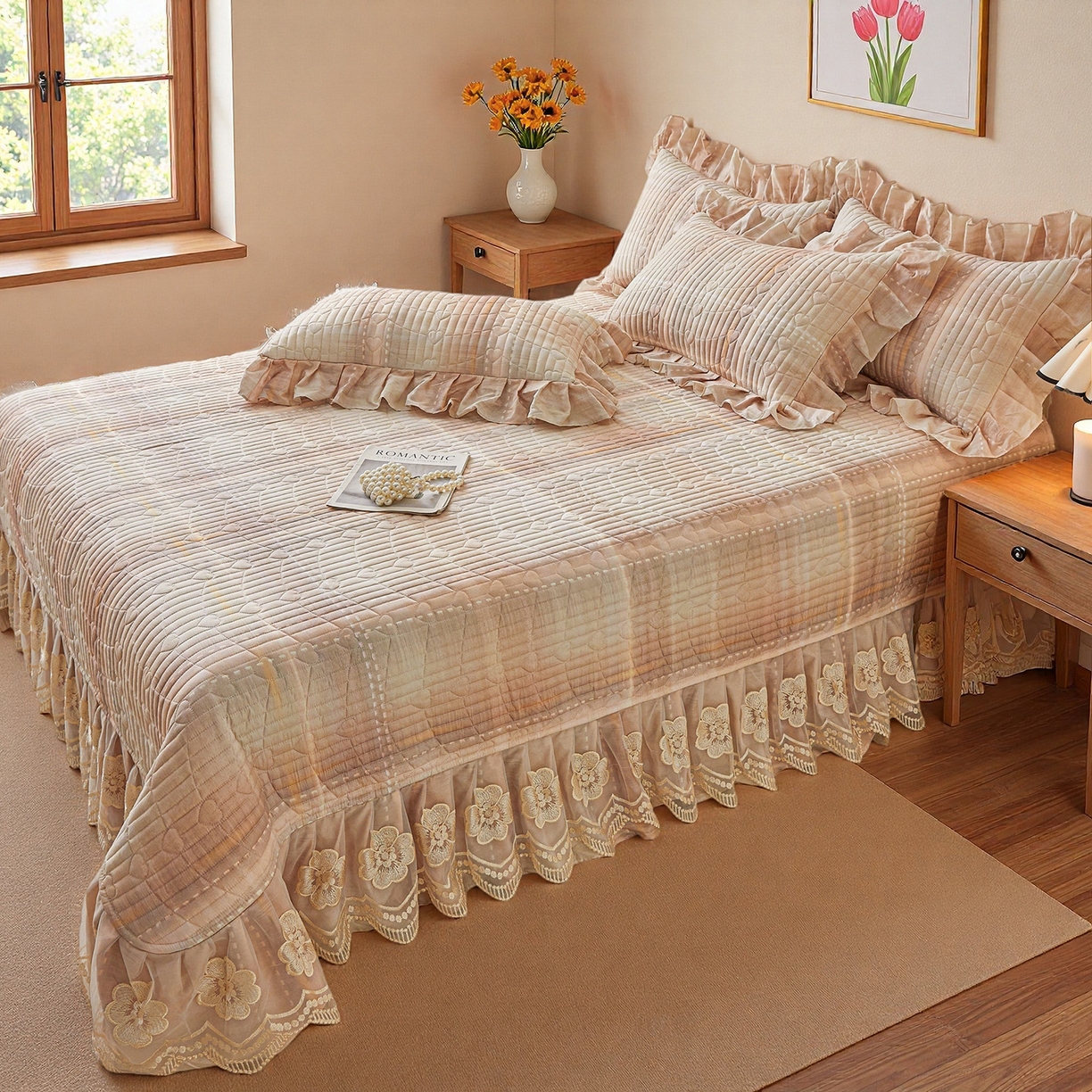 91家纺网 家纺一手货源 找家纺 宜凡家纺 2026新款全棉数码印花床盖三四件套①号系列三件套 光之羽-粉