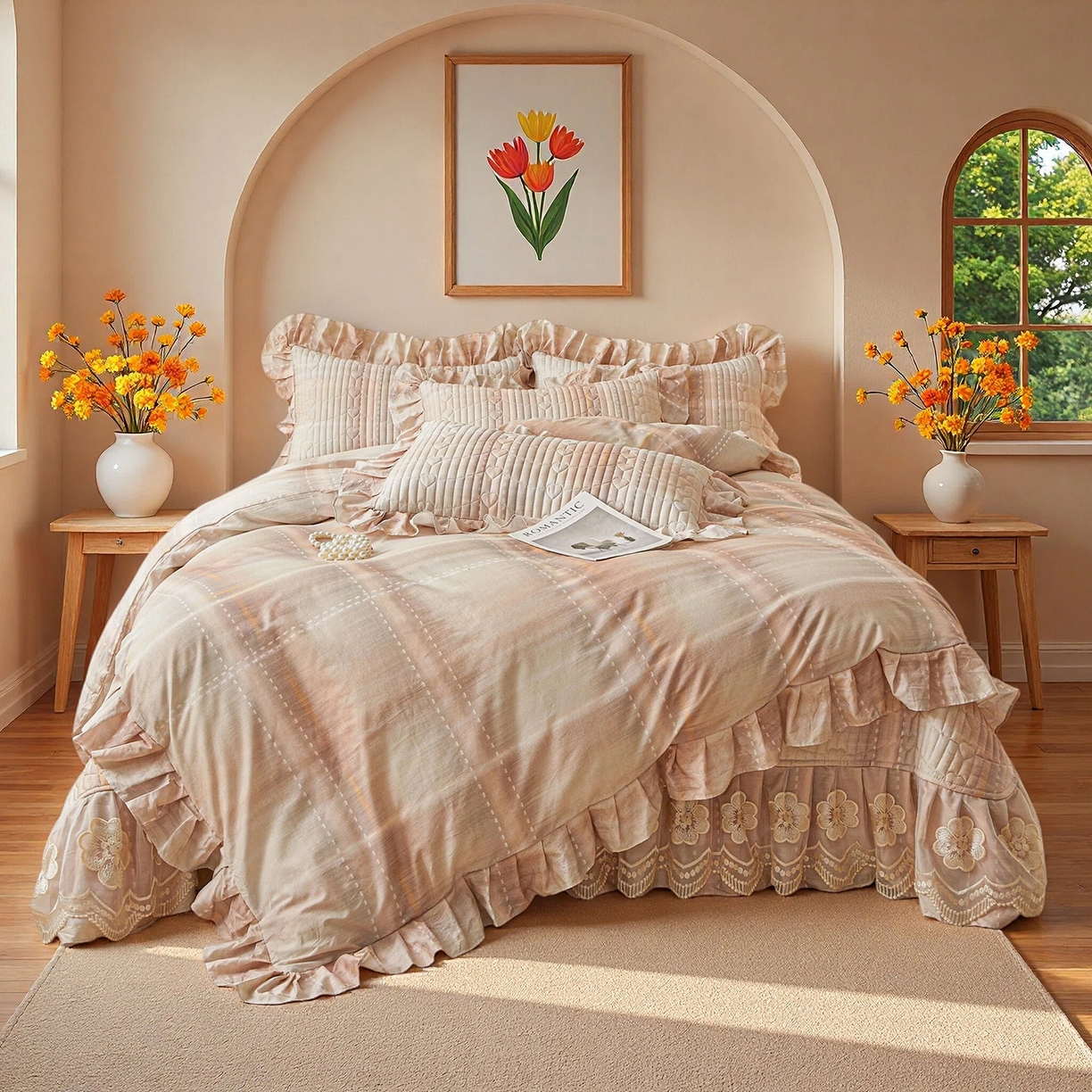 91家纺网 家纺一手货源 找家纺 宜凡家纺 2026新款全棉数码印花床盖三四件套①号系列四件套 光之羽-粉