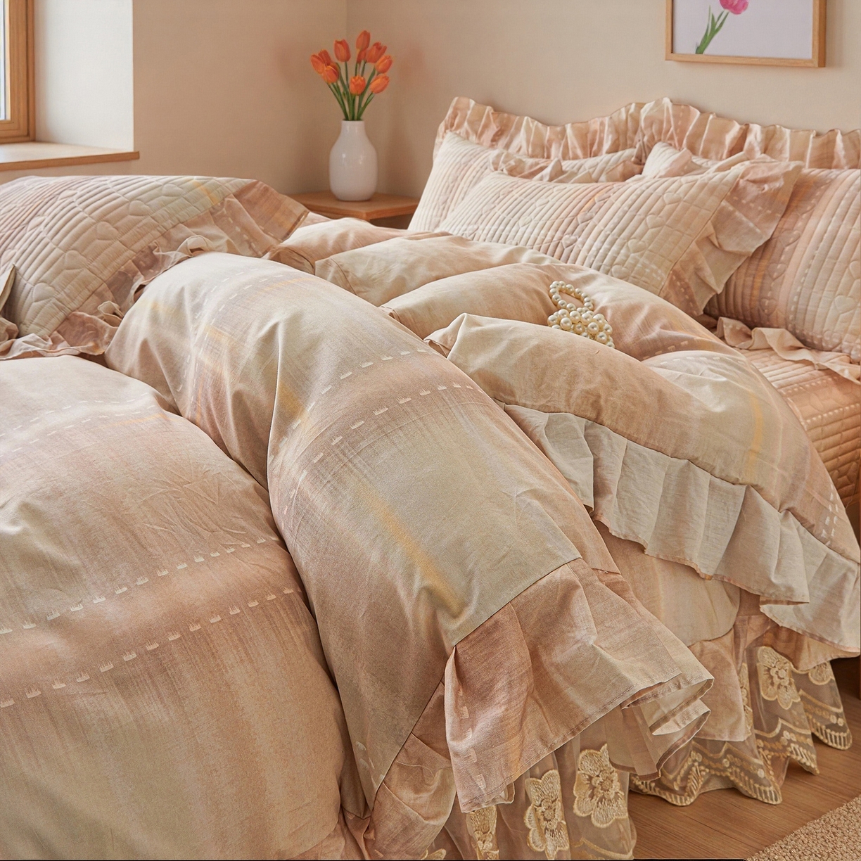 91家纺网 家纺一手货源 找家纺 宜凡家纺 2026新款全棉数码印花床盖三四件套①号系列四件套 光之羽-粉