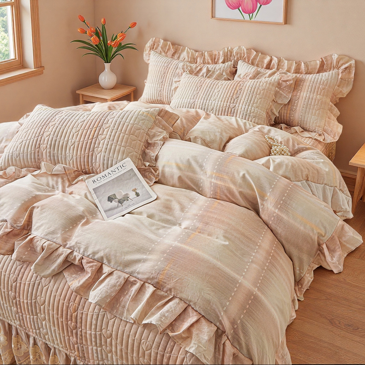 91家纺网 家纺一手货源 找家纺 宜凡家纺 2026新款全棉数码印花床盖三四件套①号系列四件套 光之羽-粉