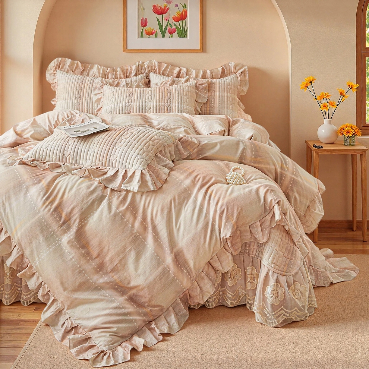 91家纺网 家纺一手货源 找家纺 宜凡家纺 2026新款全棉数码印花床盖三四件套①号系列四件套 光之羽-粉