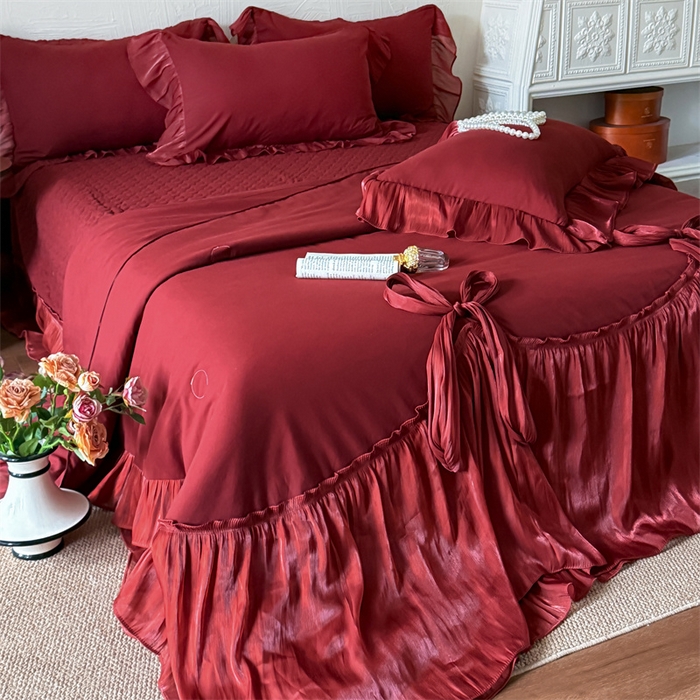 91家纺网 家纺一手货源 找家纺 吾欢心 2026春夏新款高端定制索菲亚夏被四件套空调被床单款床盖款 索菲亚红-夏被四件套