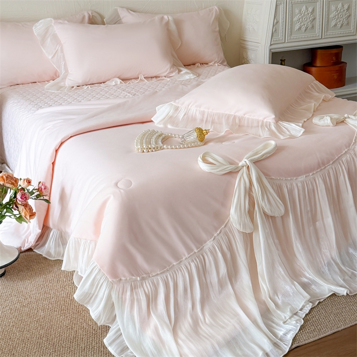 91家纺网 家纺一手货源 找家纺 吾欢心 2026春夏新款高端定制索菲亚夏被四件套空调被床单款床盖款 索菲亚粉-夏被四件套