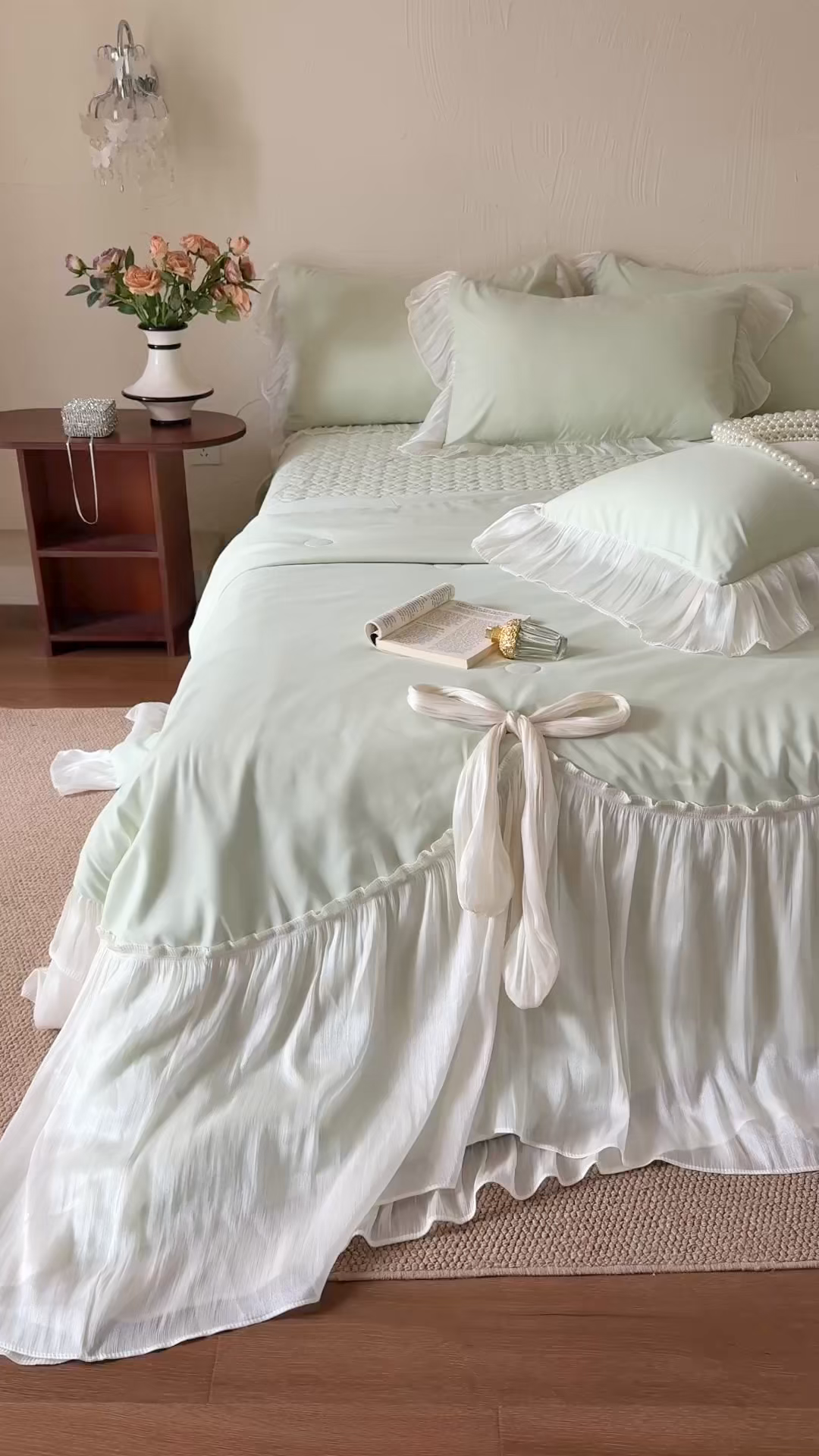 91家纺网 家纺一手货源 找家纺 吾欢心 2026春夏新款高端定制索菲亚夏被四件套空调被床单款床盖款 索菲亚绿-夏被四件套