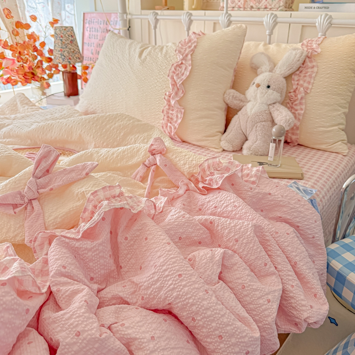 91家纺网 家纺一手货源 找家纺 （总）瑞禾家纺（原阿亮） 2026新款提花泡芙面蝴蝶结花边韩剧女主感单夏被夏被夏凉被空调被四件套-奶油泡芙