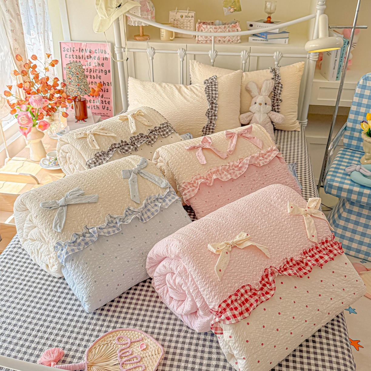 瑞禾家纺（原阿亮） 2026新款提花泡芙面蝴蝶结花边韩剧女主感单夏被夏被夏凉被空调被四件套-奶油泡芙 组合图（仅供展示不可下单）