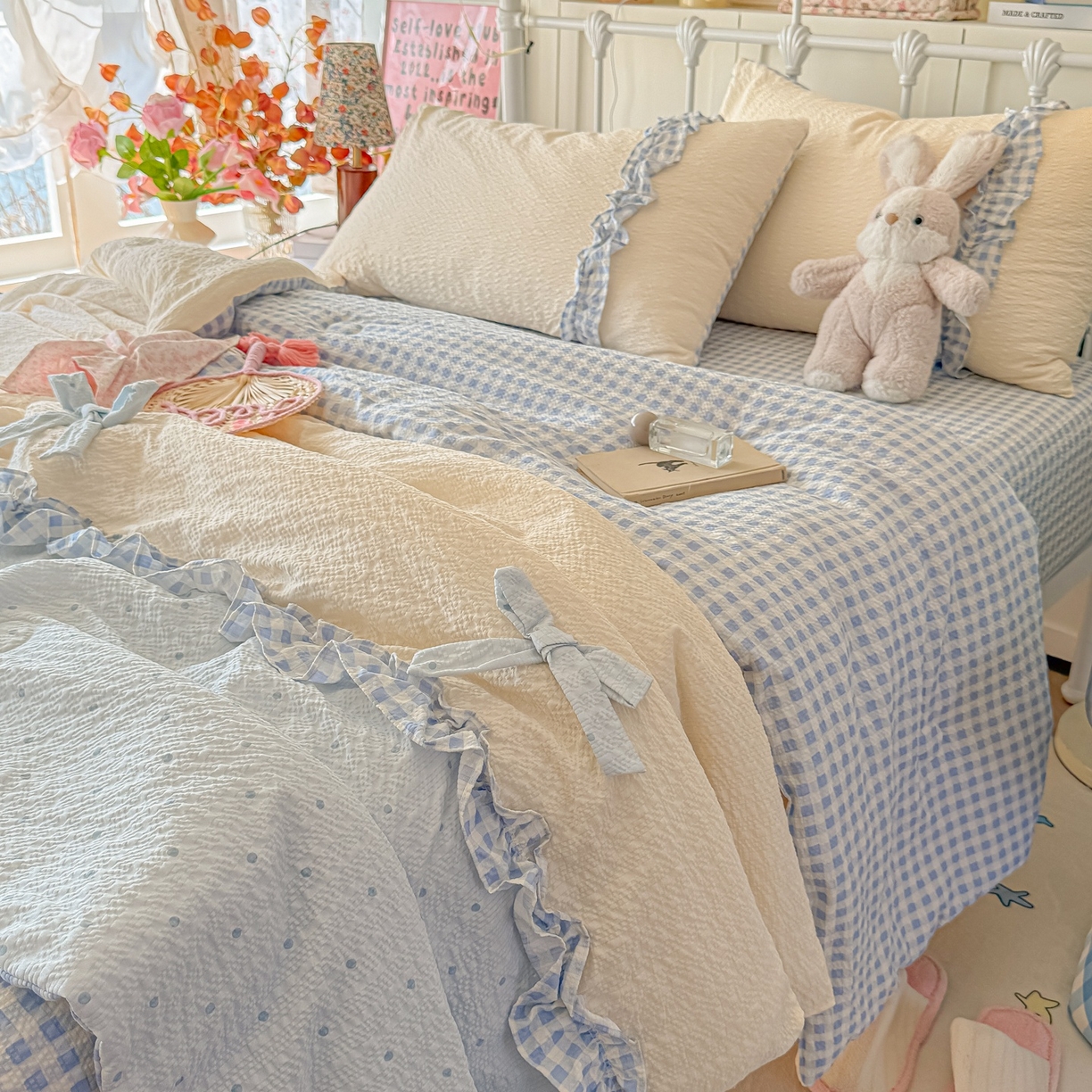 91家纺网 家纺一手货源 找家纺 瑞禾家纺（原阿亮） 2026新款提花泡芙面蝴蝶结花边韩剧女主感单夏被夏被夏凉被空调被四件套-奶油泡芙 夏被奶油泡芙-海盐蓝波点