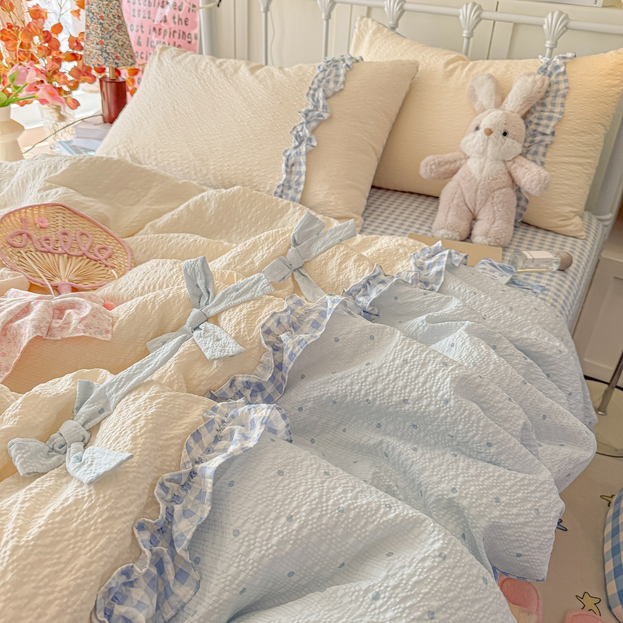 91家纺网 家纺一手货源 找家纺 瑞禾家纺（原阿亮） 2026新款提花泡芙面蝴蝶结花边韩剧女主感单夏被夏被夏凉被空调被四件套-奶油泡芙 夏被奶油泡芙-海盐蓝波点