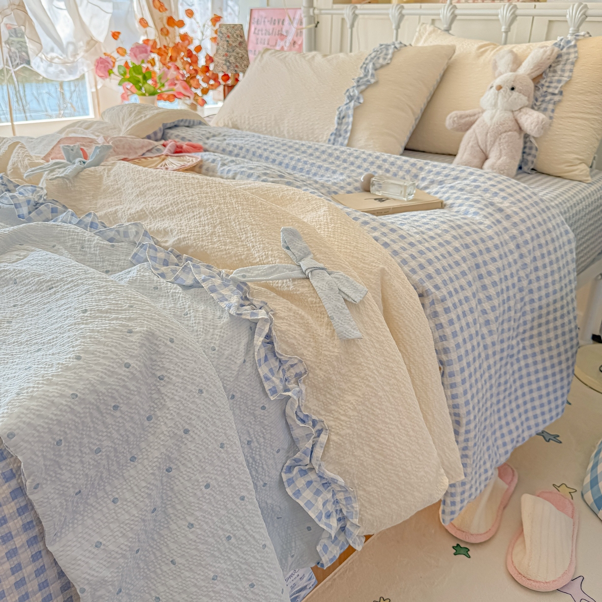 91家纺网 家纺一手货源 找家纺 瑞禾家纺（原阿亮） 2026新款提花泡芙面蝴蝶结花边韩剧女主感单夏被夏被夏凉被空调被四件套-奶油泡芙 夏被奶油泡芙-海盐蓝波点