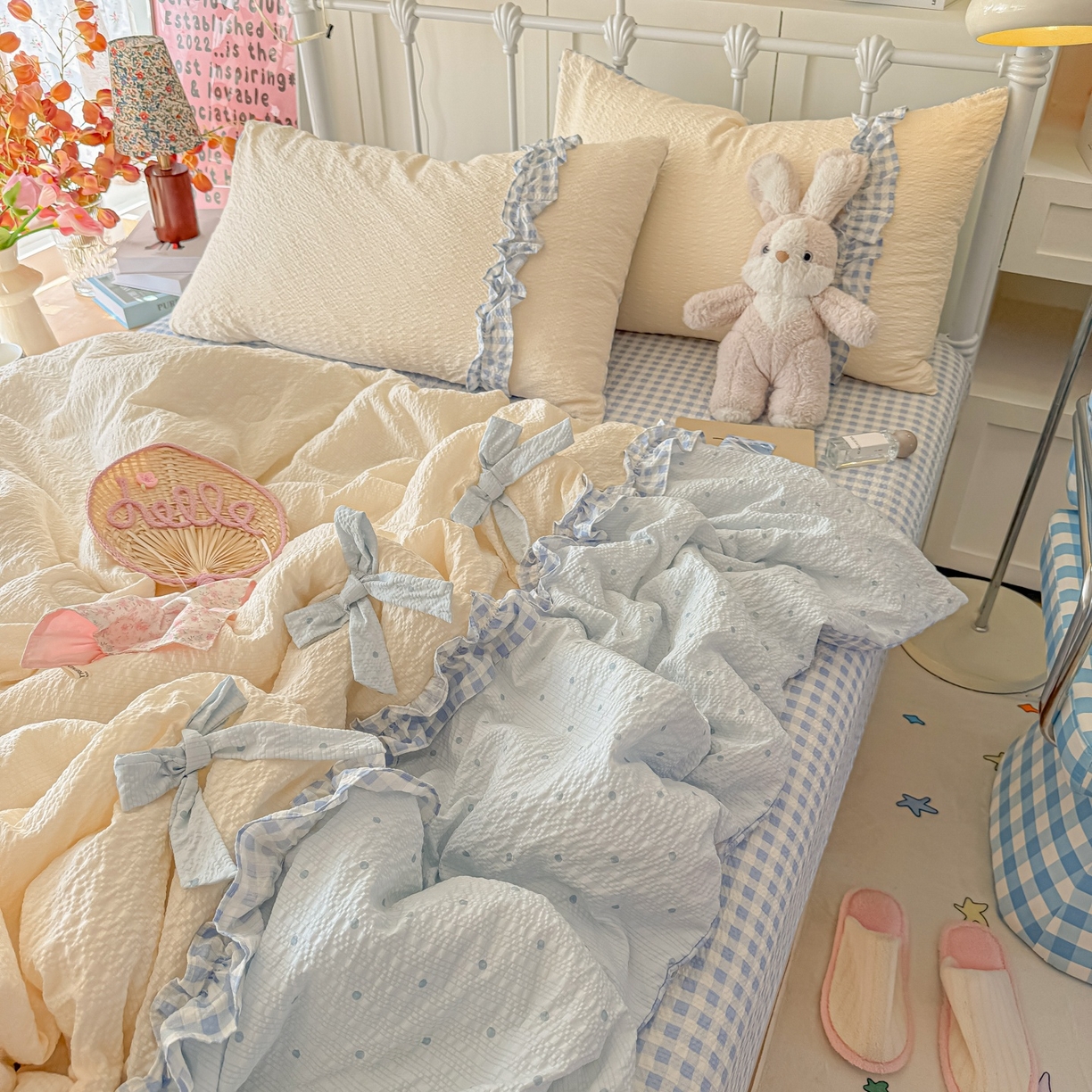 91家纺网 家纺一手货源 找家纺 瑞禾家纺（原阿亮） 2026新款提花泡芙面蝴蝶结花边韩剧女主感单夏被夏被夏凉被空调被四件套-奶油泡芙 夏被奶油泡芙-海盐蓝波点