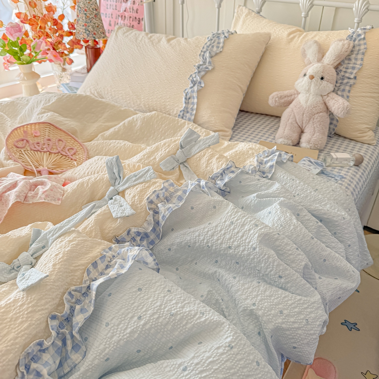 91家纺网 家纺一手货源 找家纺 瑞禾家纺（原阿亮） 2026新款提花泡芙面蝴蝶结花边韩剧女主感单夏被夏被夏凉被空调被四件套-奶油泡芙 夏被奶油泡芙-海盐蓝波点