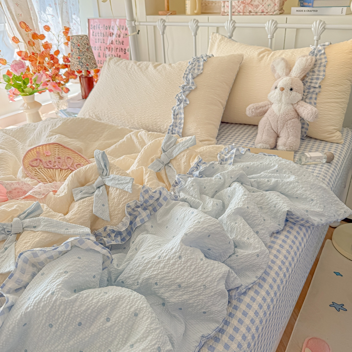 91家纺网 家纺一手货源 找家纺 瑞禾家纺（原阿亮） 2026新款提花泡芙面蝴蝶结花边韩剧女主感单夏被夏被夏凉被空调被四件套-奶油泡芙 夏被奶油泡芙-海盐蓝波点