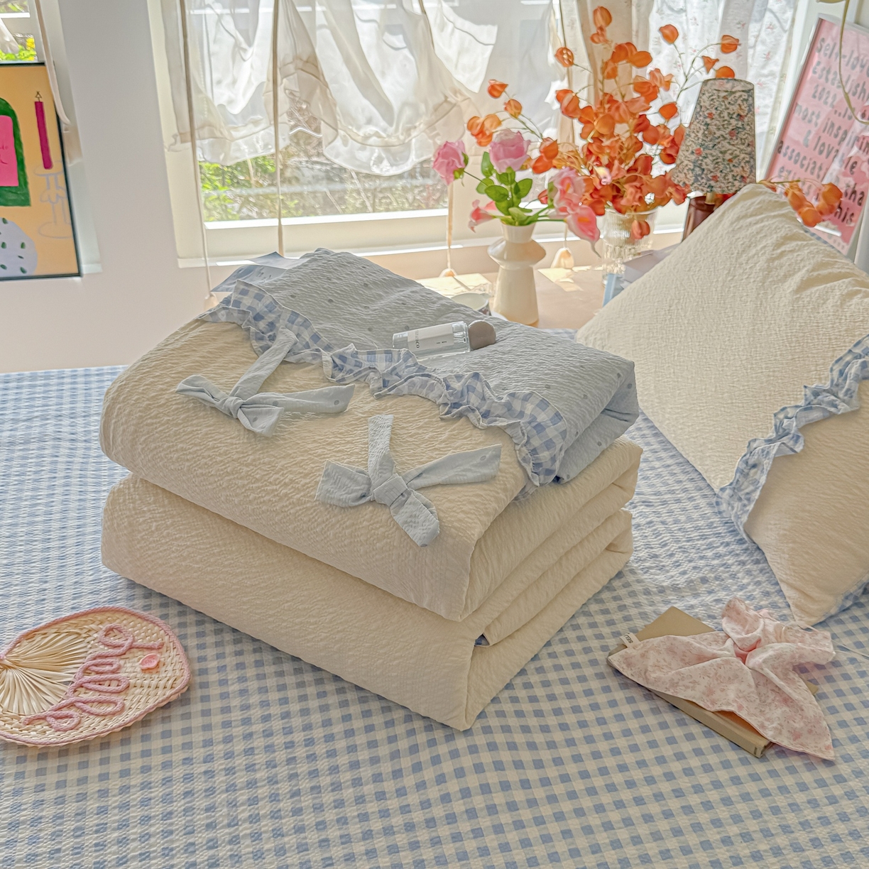 91家纺网 家纺一手货源 找家纺 瑞禾家纺（原阿亮） 2026新款提花泡芙面蝴蝶结花边韩剧女主感单夏被夏被夏凉被空调被四件套-奶油泡芙 夏被奶油泡芙-海盐蓝波点