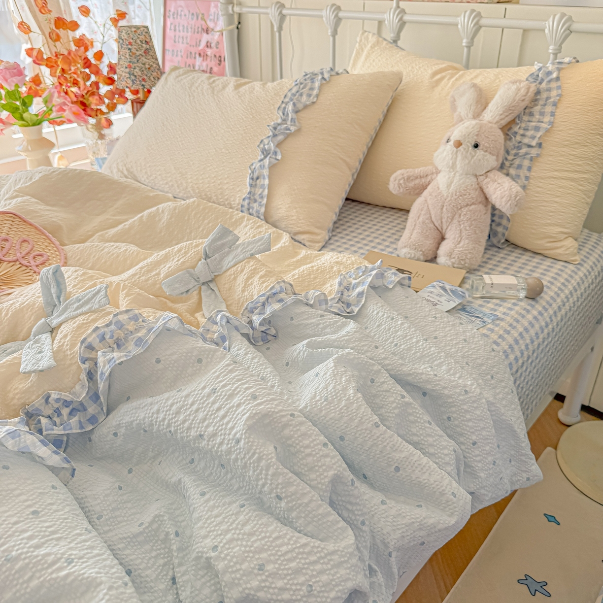 91家纺网 家纺一手货源 找家纺 瑞禾家纺（原阿亮） 2026新款提花泡芙面蝴蝶结花边韩剧女主感单夏被夏被夏凉被空调被四件套-奶油泡芙 夏被奶油泡芙-海盐蓝波点