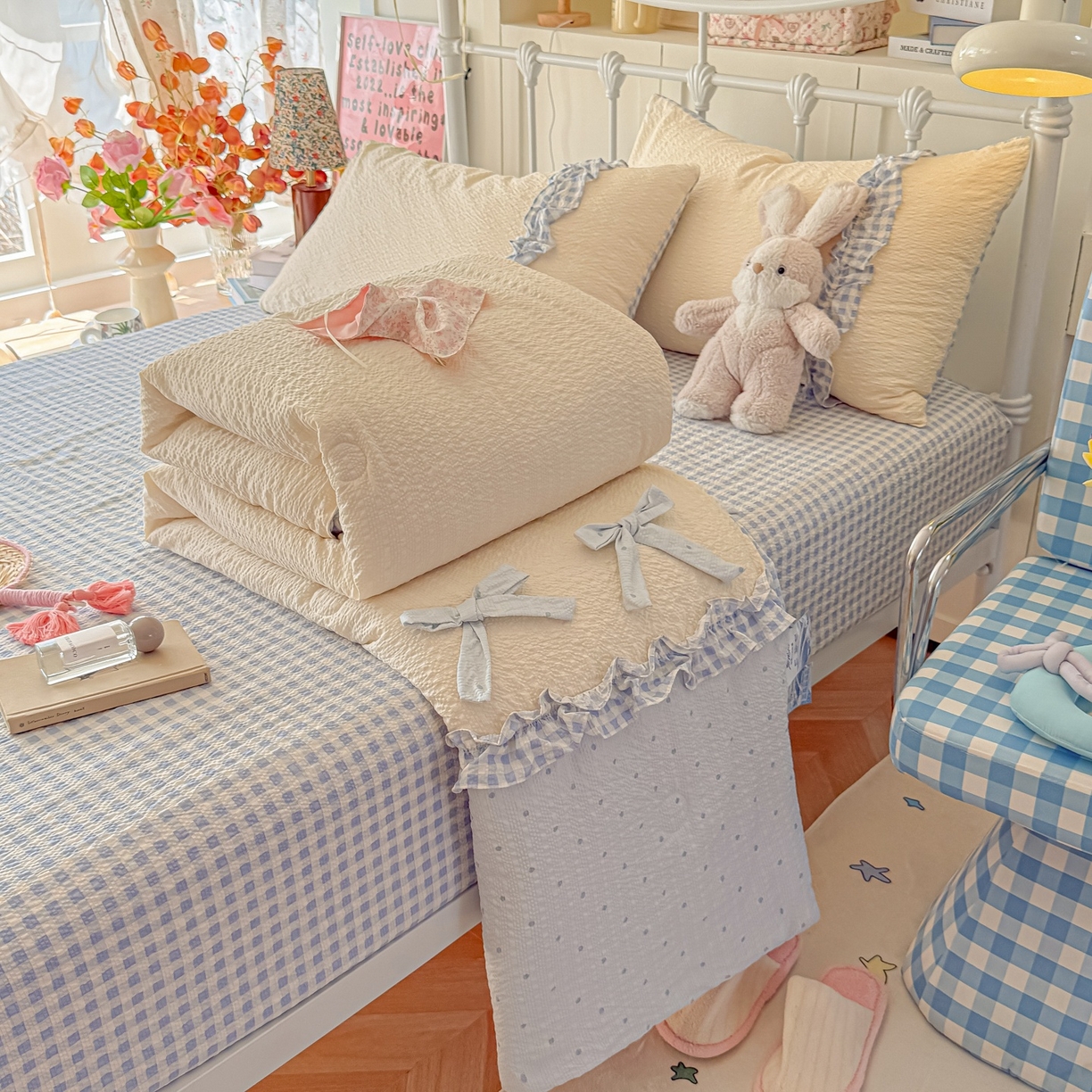 91家纺网 家纺一手货源 找家纺 瑞禾家纺（原阿亮） 2026新款提花泡芙面蝴蝶结花边韩剧女主感单夏被夏被夏凉被空调被四件套-奶油泡芙 夏被奶油泡芙-海盐蓝波点