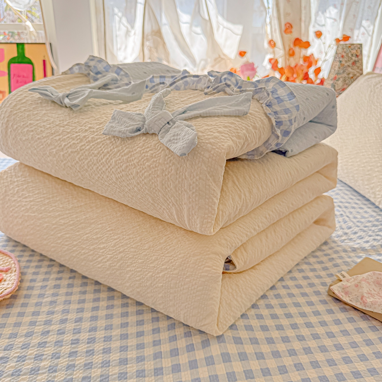 91家纺网 家纺一手货源 找家纺 瑞禾家纺（原阿亮） 2026新款提花泡芙面蝴蝶结花边韩剧女主感单夏被夏被夏凉被空调被四件套-奶油泡芙 夏被奶油泡芙-海盐蓝波点