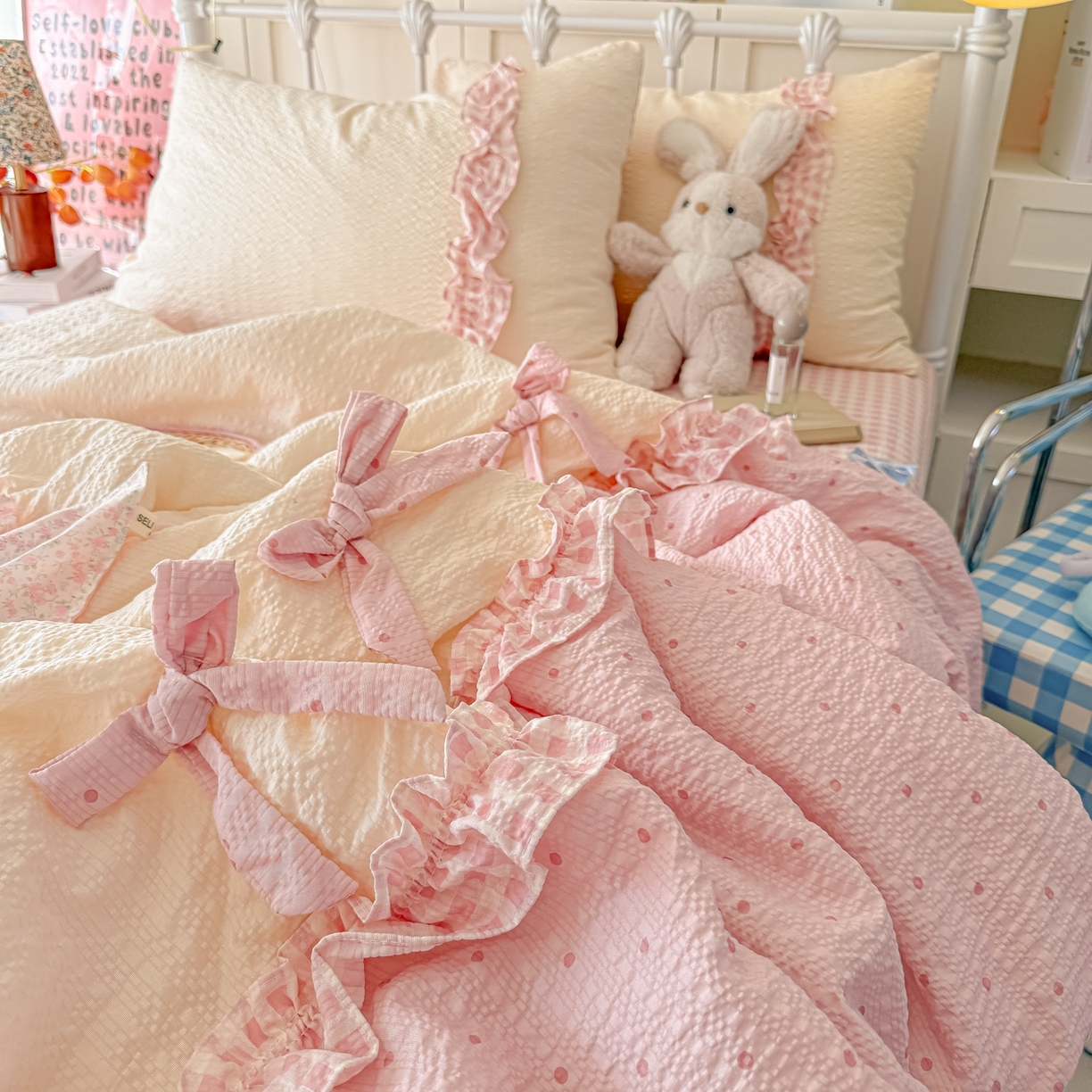 91家纺网 家纺一手货源 找家纺 瑞禾家纺（原阿亮） 2026新款提花泡芙面蝴蝶结花边韩剧女主感单夏被夏被夏凉被空调被四件套-奶油泡芙 夏被奶油泡芙-奶粉波点