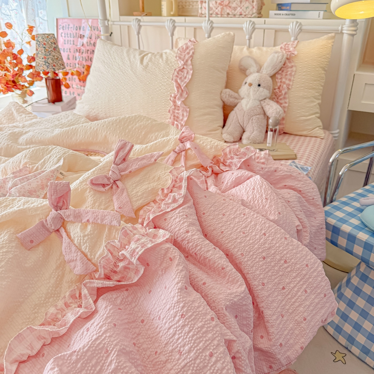 91家纺网 家纺一手货源 找家纺 瑞禾家纺（原阿亮） 2026新款提花泡芙面蝴蝶结花边韩剧女主感单夏被夏被夏凉被空调被四件套-奶油泡芙 夏被奶油泡芙-奶粉波点