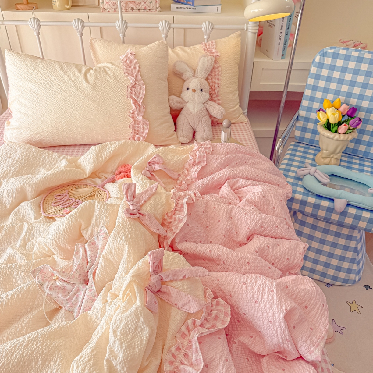 91家纺网 家纺一手货源 找家纺 瑞禾家纺（原阿亮） 2026新款提花泡芙面蝴蝶结花边韩剧女主感单夏被夏被夏凉被空调被四件套-奶油泡芙 夏被奶油泡芙-奶粉波点