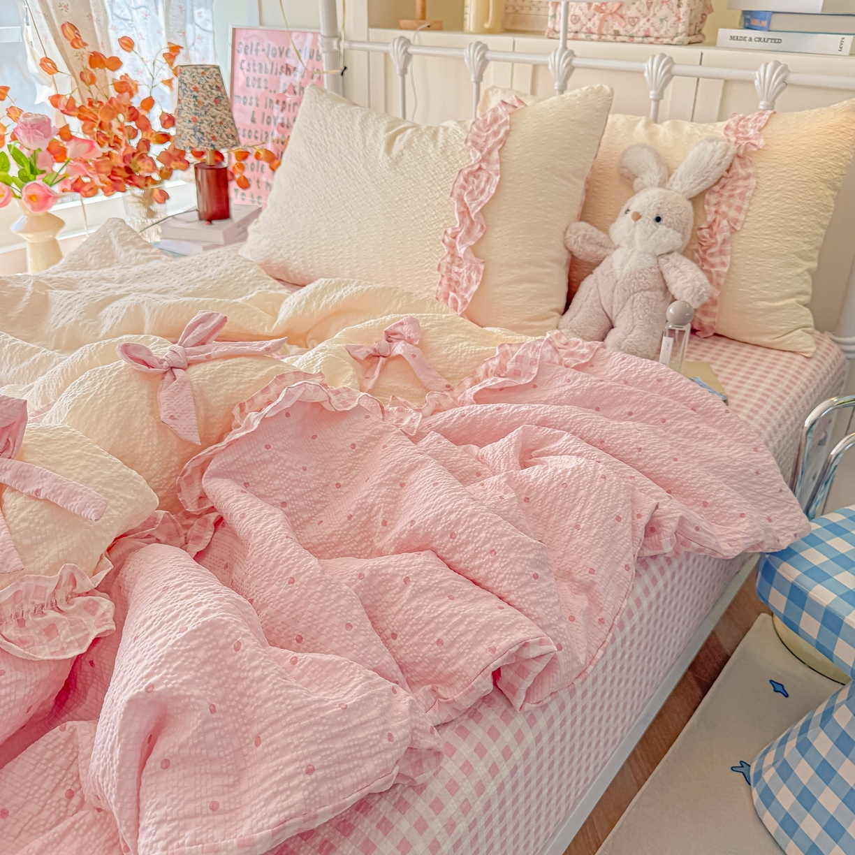 91家纺网 家纺一手货源 找家纺 瑞禾家纺（原阿亮） 2026新款提花泡芙面蝴蝶结花边韩剧女主感单夏被夏被夏凉被空调被四件套-奶油泡芙 夏被奶油泡芙-奶粉波点