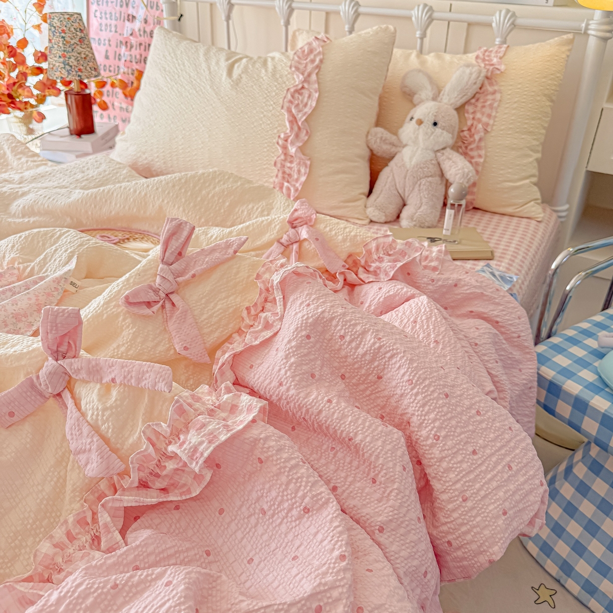 91家纺网 家纺一手货源 找家纺 瑞禾家纺（原阿亮） 2026新款提花泡芙面蝴蝶结花边韩剧女主感单夏被夏被夏凉被空调被四件套-奶油泡芙 夏被奶油泡芙-奶粉波点